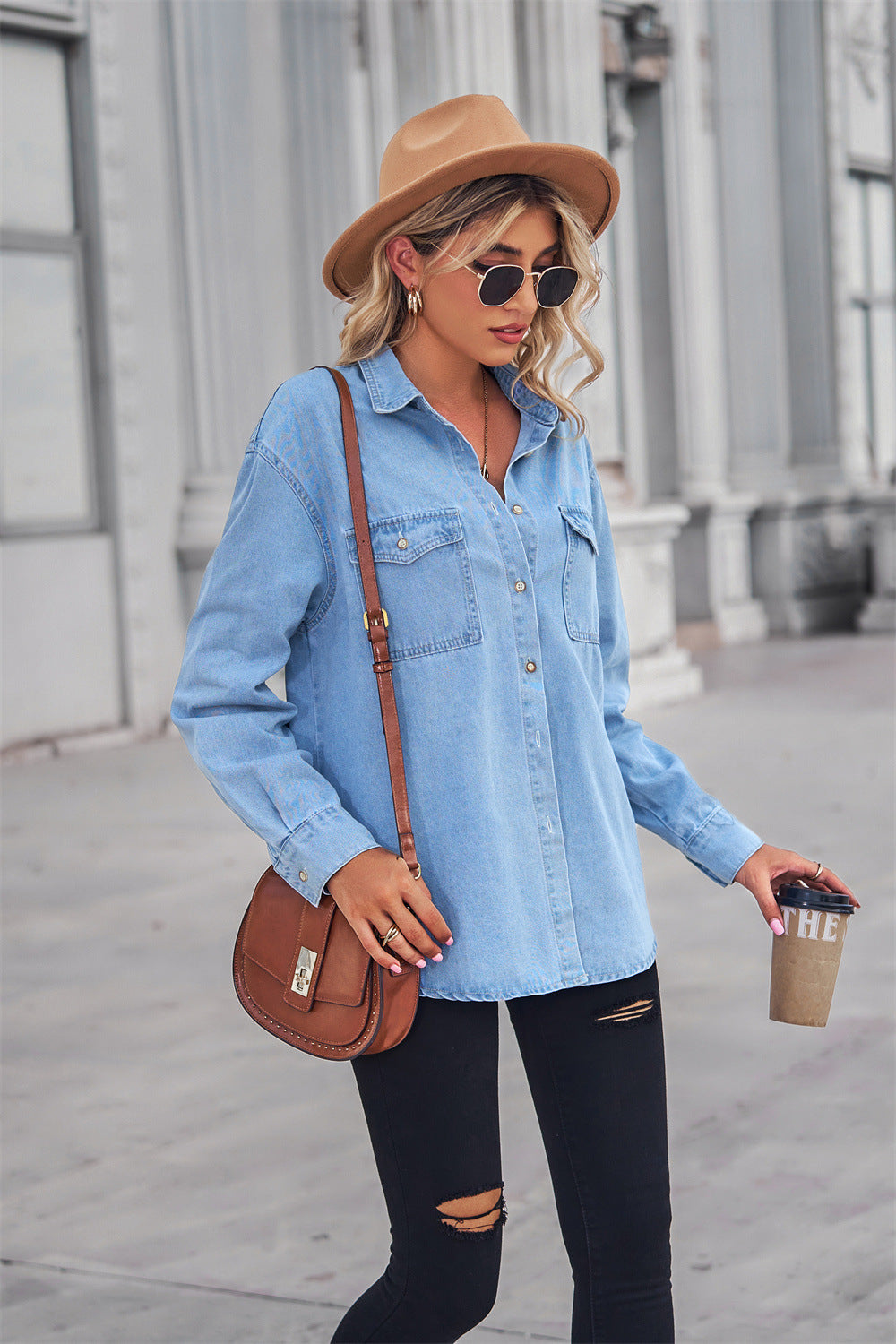 My EVERYTHING Collared Neck Dropped Shoulder Denim Top