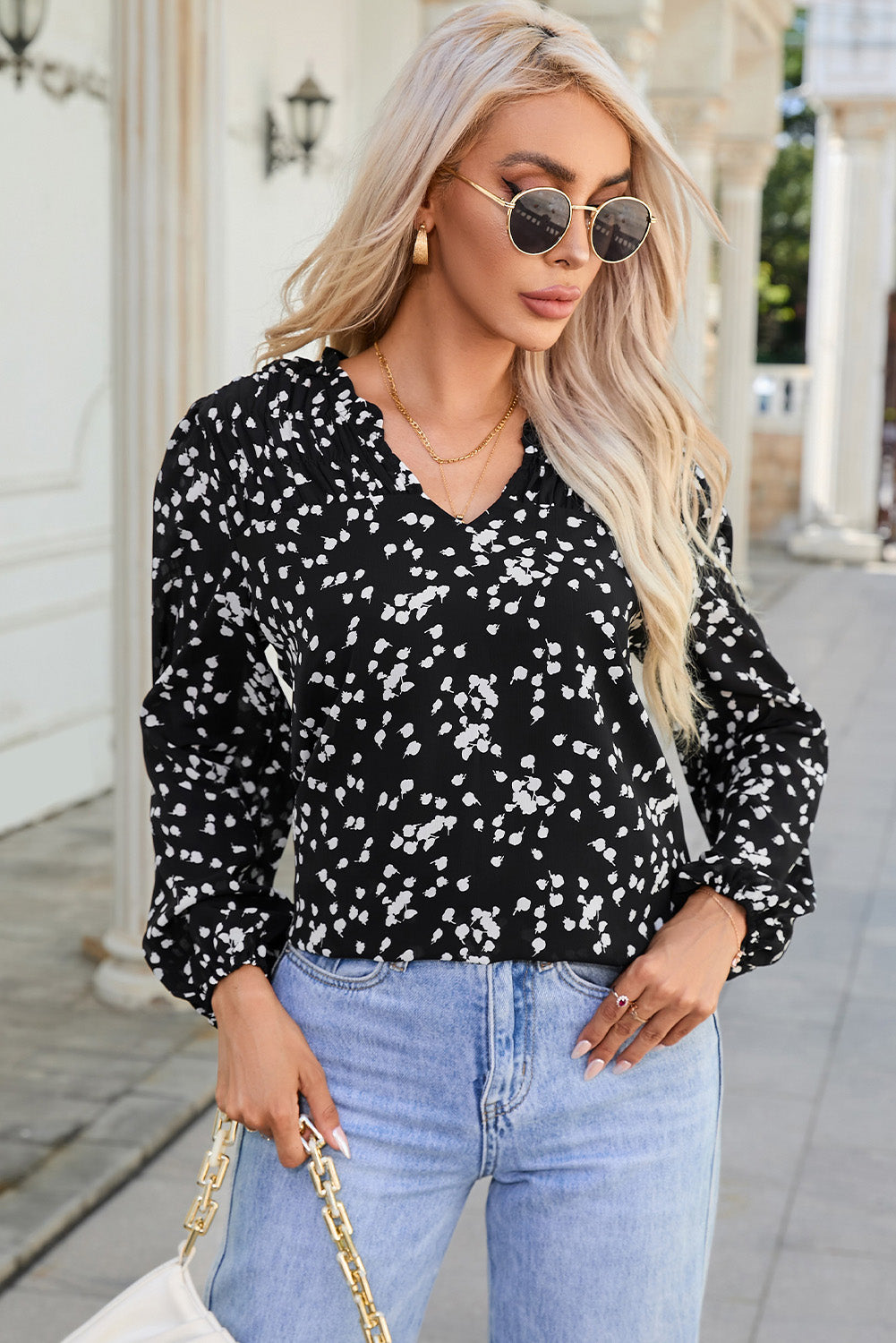 The NO Double Take Printed Notched Neck Smocked Blouse