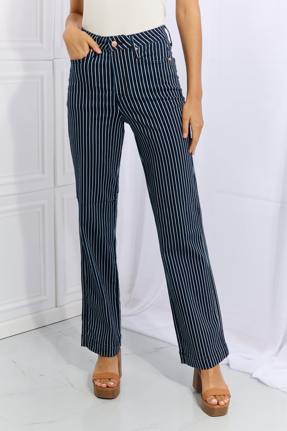 Tell Your friends (or NOT)Judy Blue Cassidy Full Size High Waisted Tummy Control Striped Straight Jeans