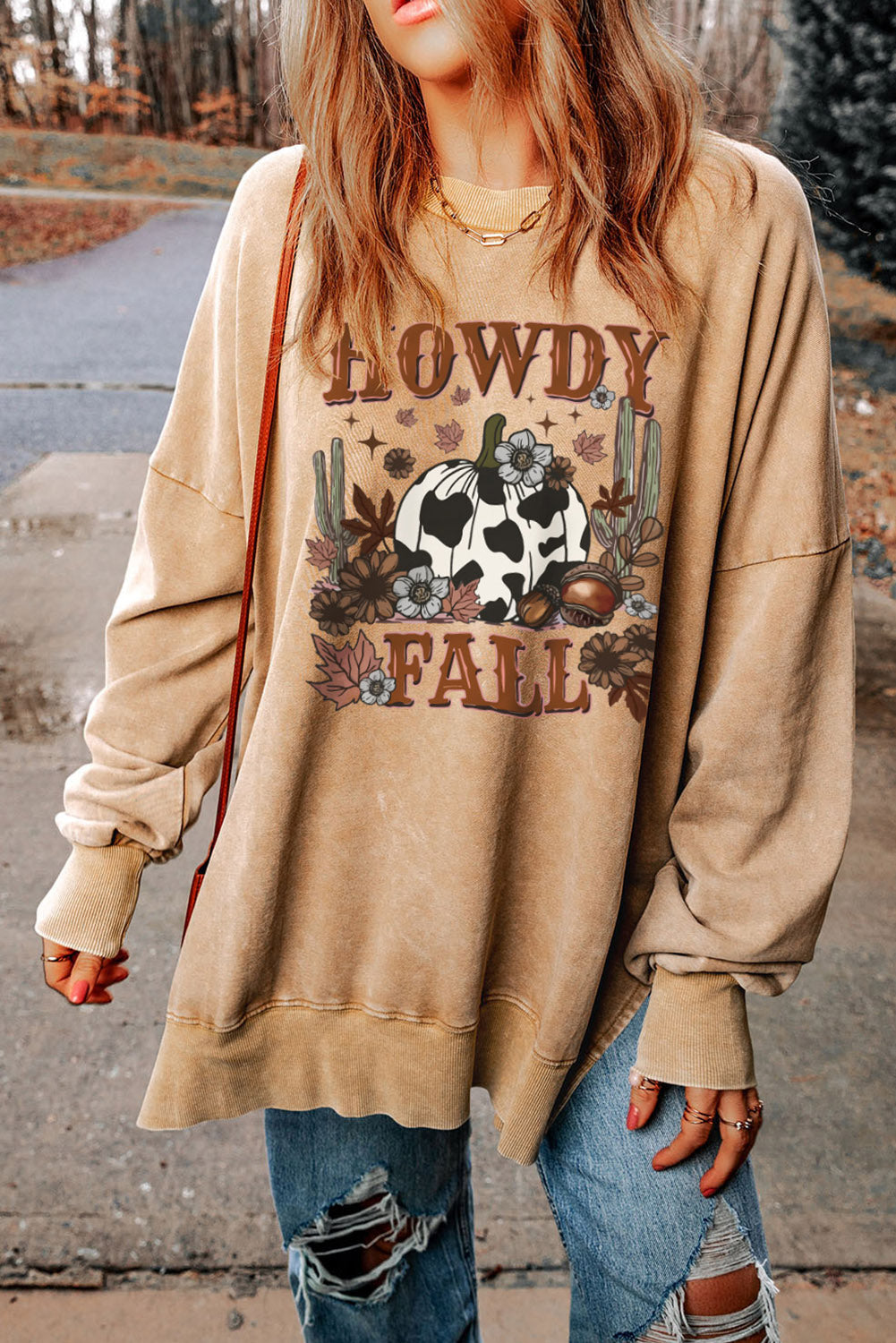 A Jersey Howdy Round Neck Dropped Shoulder HOWDY FALL Graphic Sweatshirt