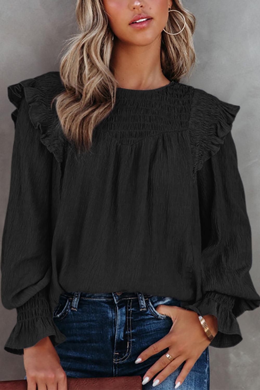 I don't have an attitude Smocked Flounce Sleeve Blouse