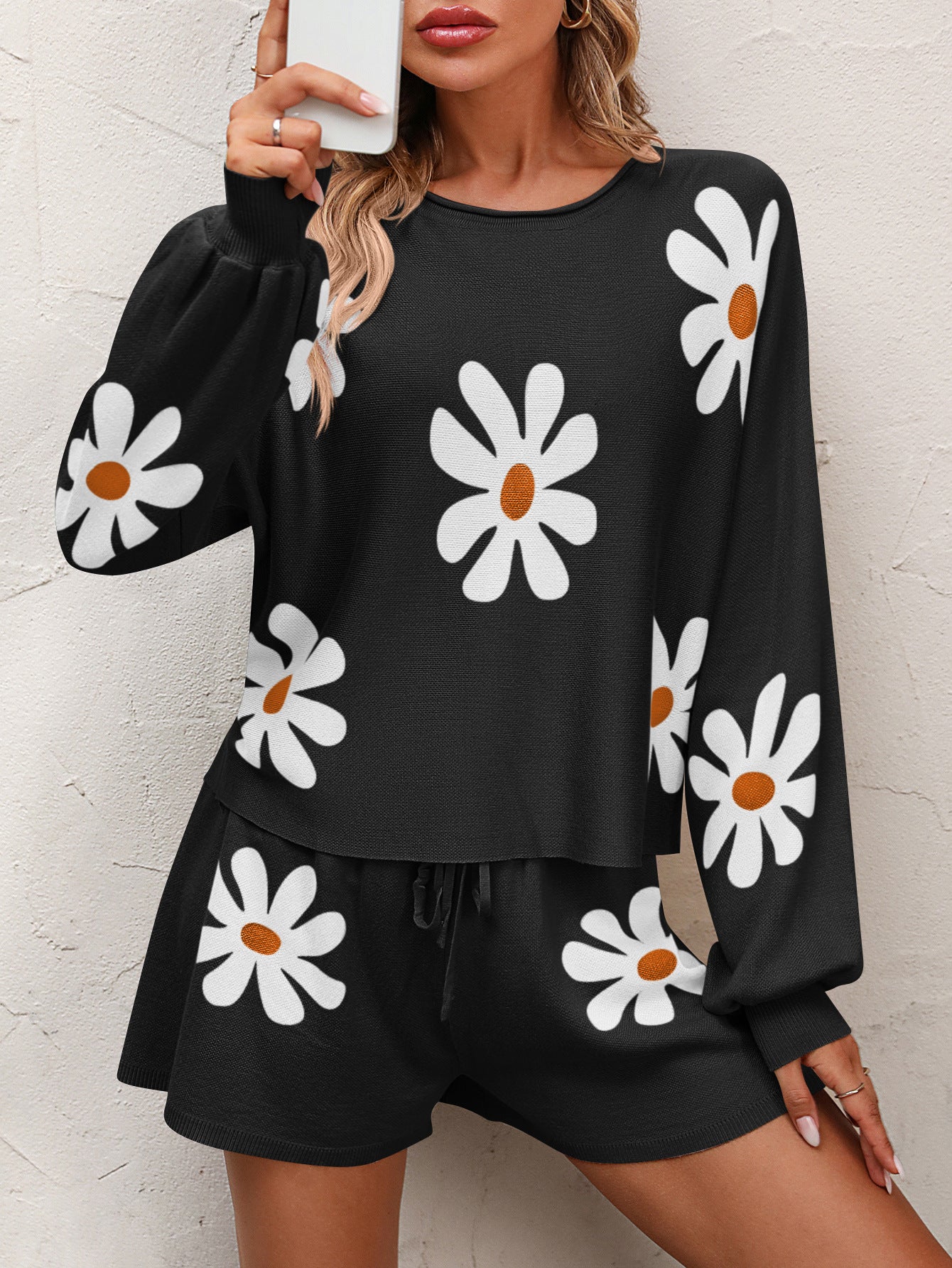 I didn't want to go Floral Print Raglan Sleeve Knit Top and Tie Front Sweater Shorts Set