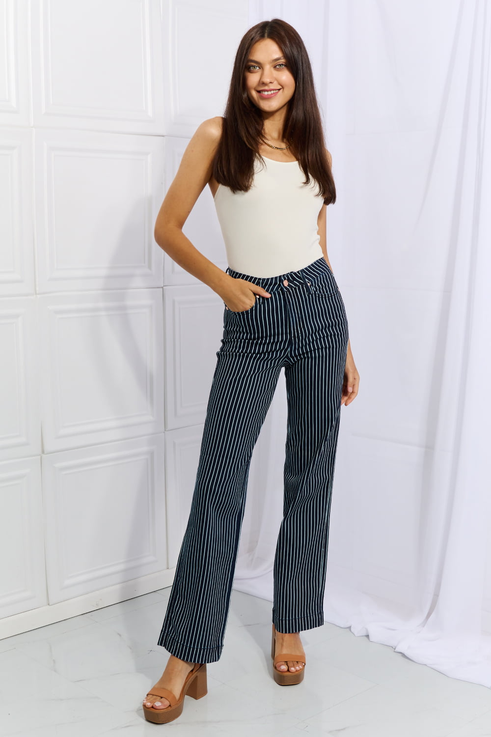 Tell Your friends (or NOT)Judy Blue Cassidy Full Size High Waisted Tummy Control Striped Straight Jeans