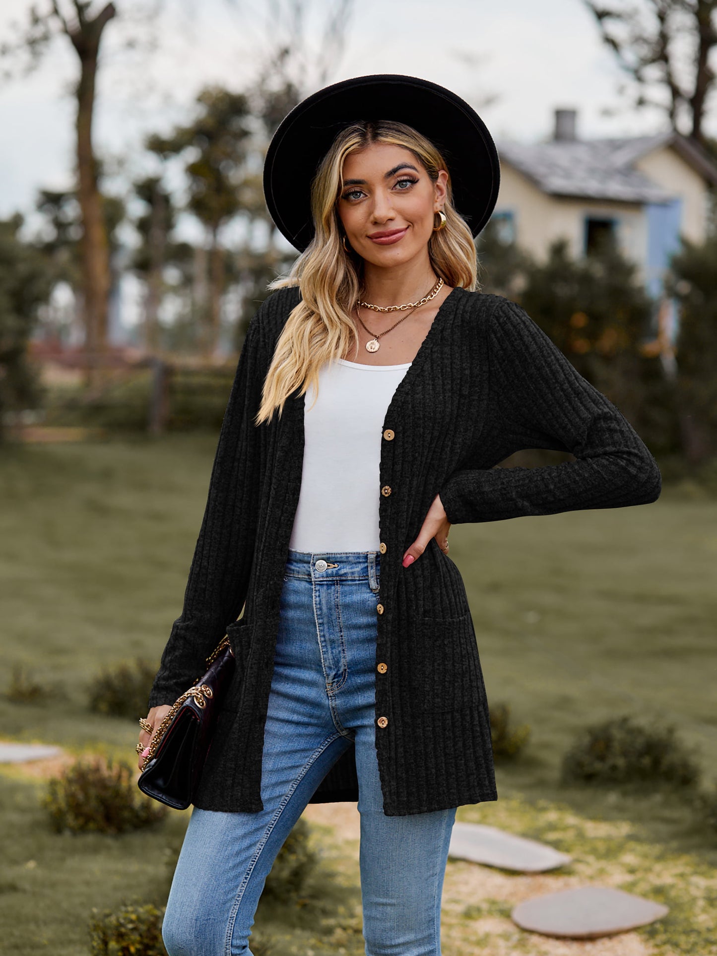 Take your sweater with you Ribbed Button-UP Cardigan with Pockets