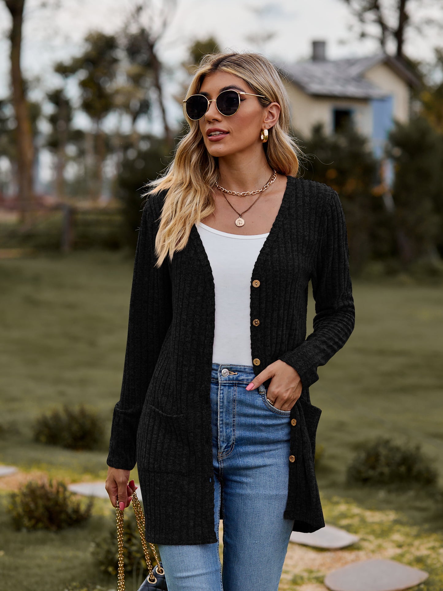 Take your sweater with you Ribbed Button-UP Cardigan with Pockets