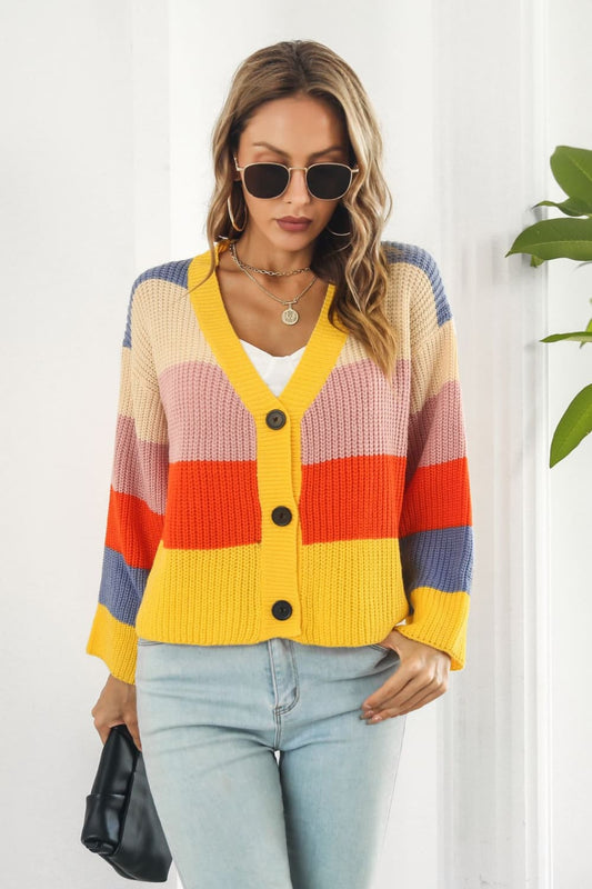 Hello Weekend Color Block Button-Down Dropped Shoulder Cardigan