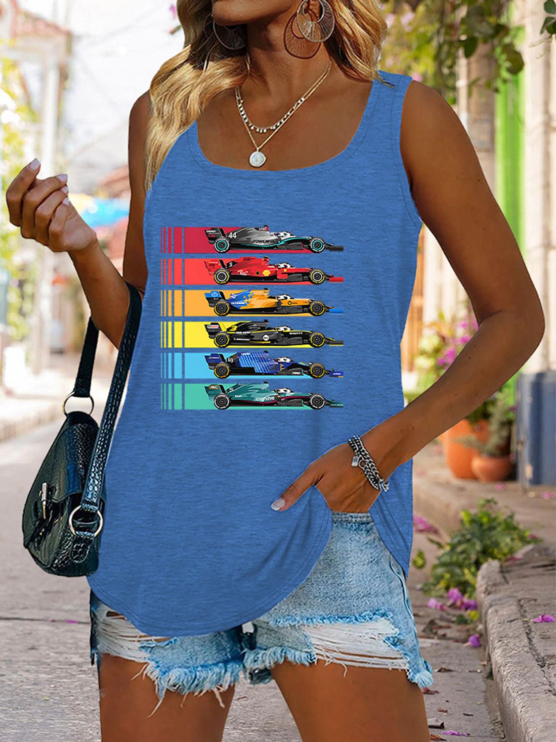 Race Day Scoop Neck Race Car Graphic Tank Top