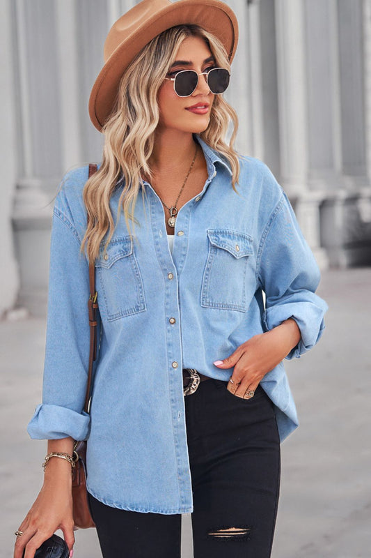 My EVERYTHING Collared Neck Dropped Shoulder Denim Top