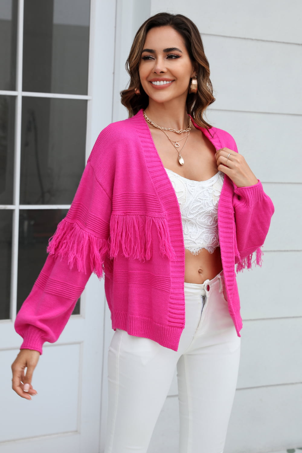 The beach is so overrated Double Take Fringe Trim Open Front Cardigan