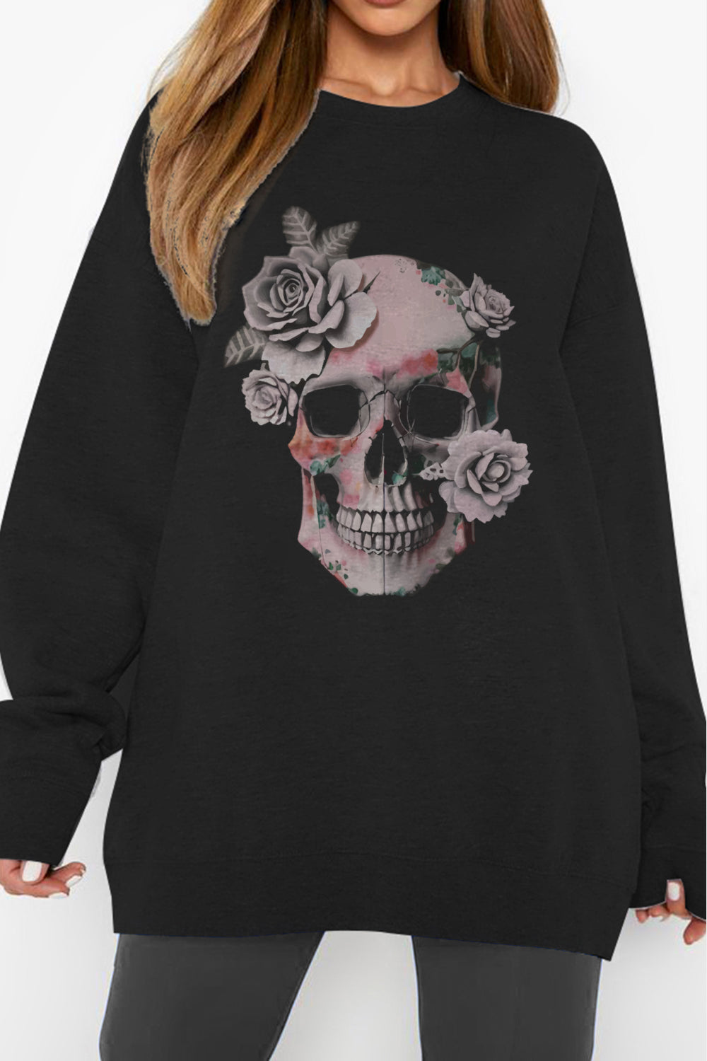 No SKULL about it Simply Love Simply Love Full Size Dropped Shoulder SKULL Graphic Sweatshirt