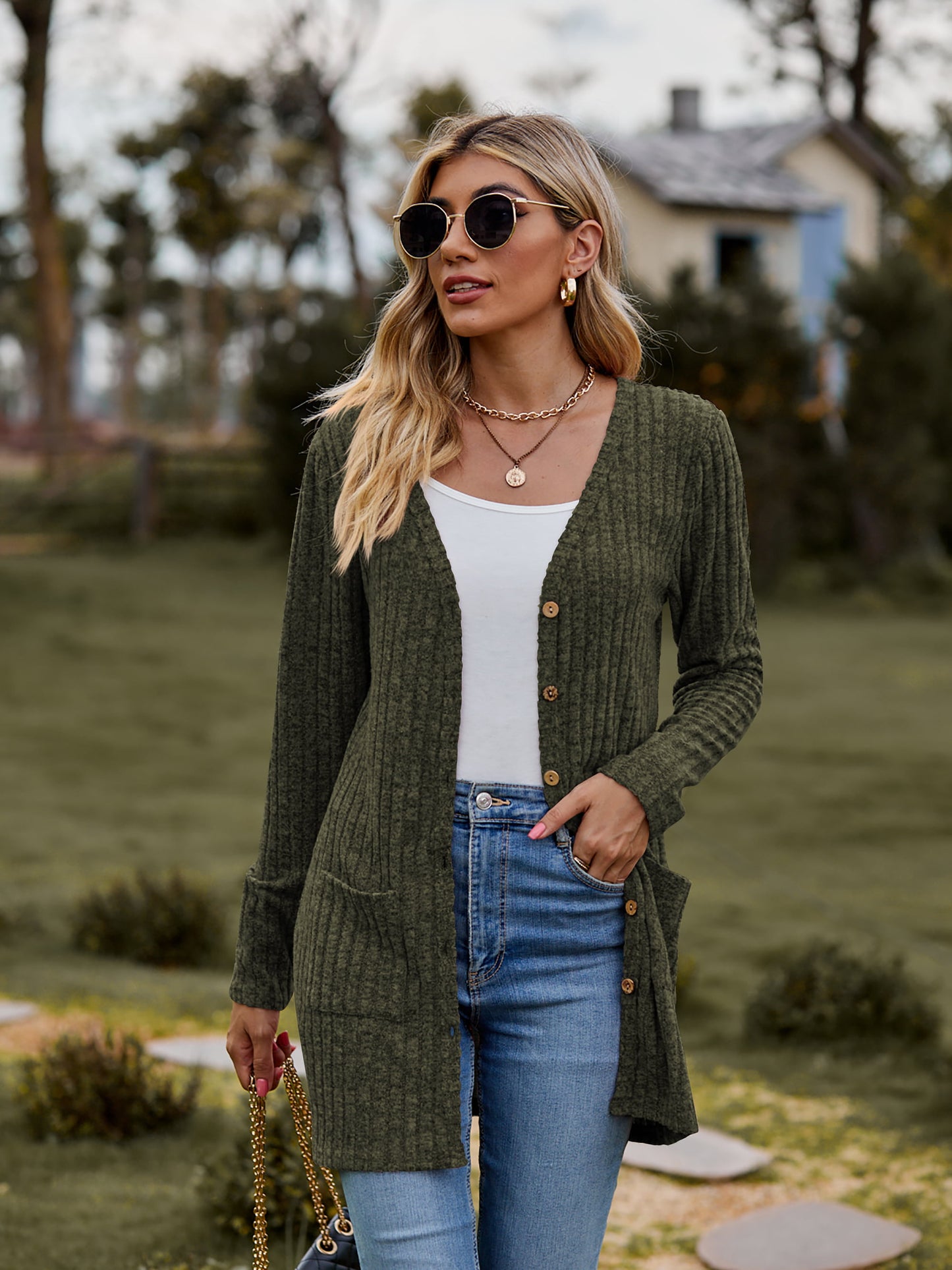 Take your sweater with you Ribbed Button-UP Cardigan with Pockets