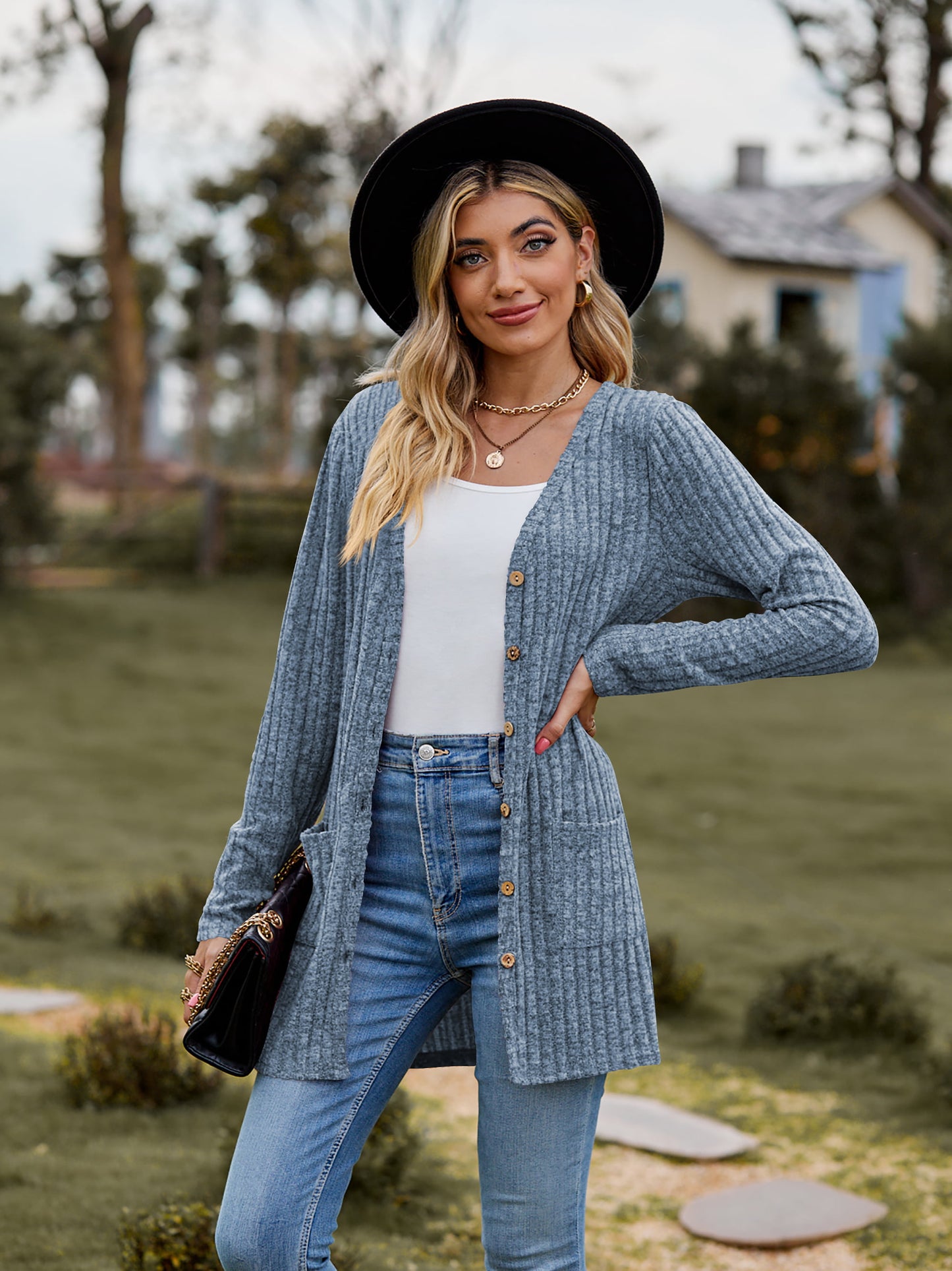 Take your sweater with you Ribbed Button-UP Cardigan with Pockets