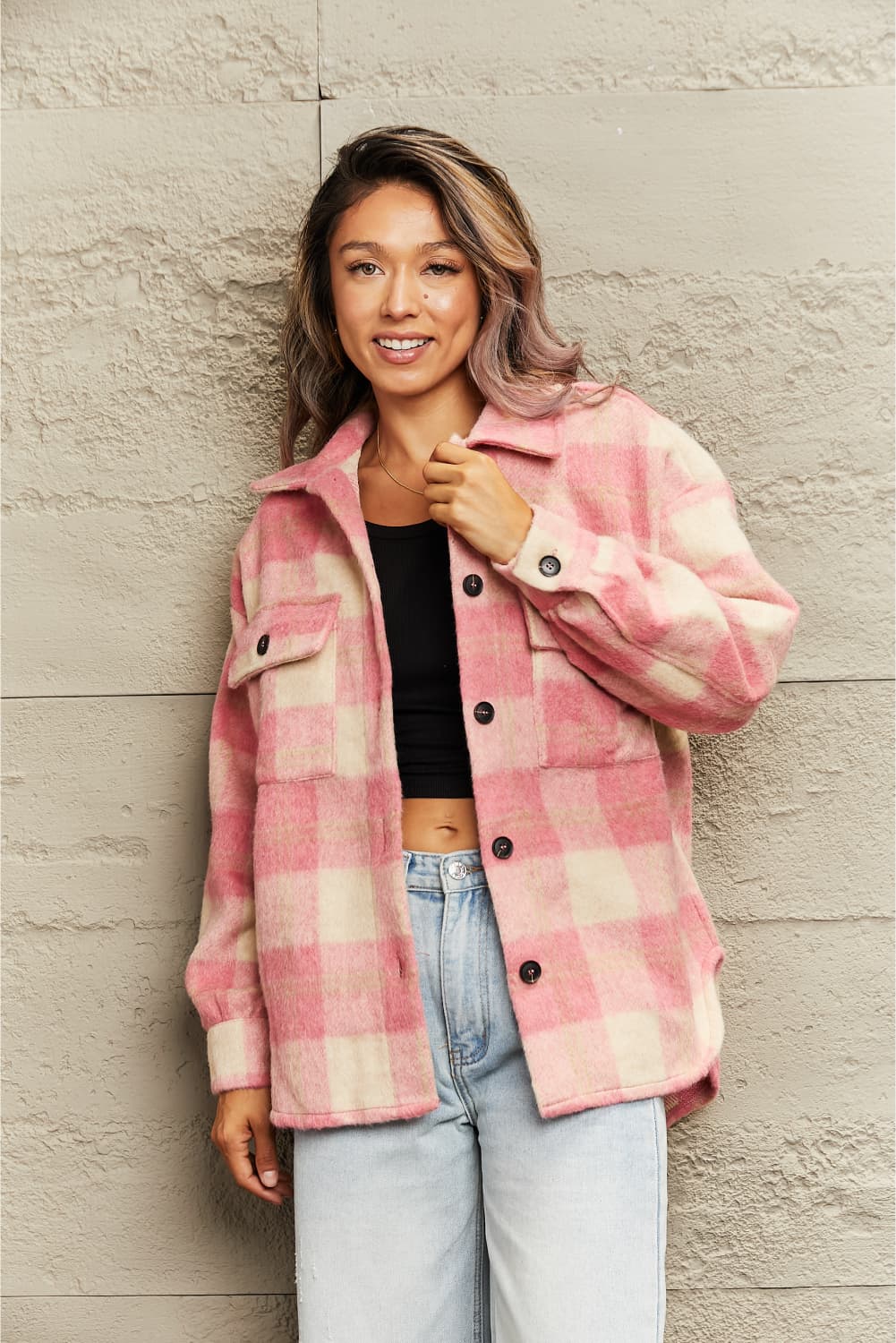 Pink Pumpkin time Plaid Collared Neck Button Down Jacket