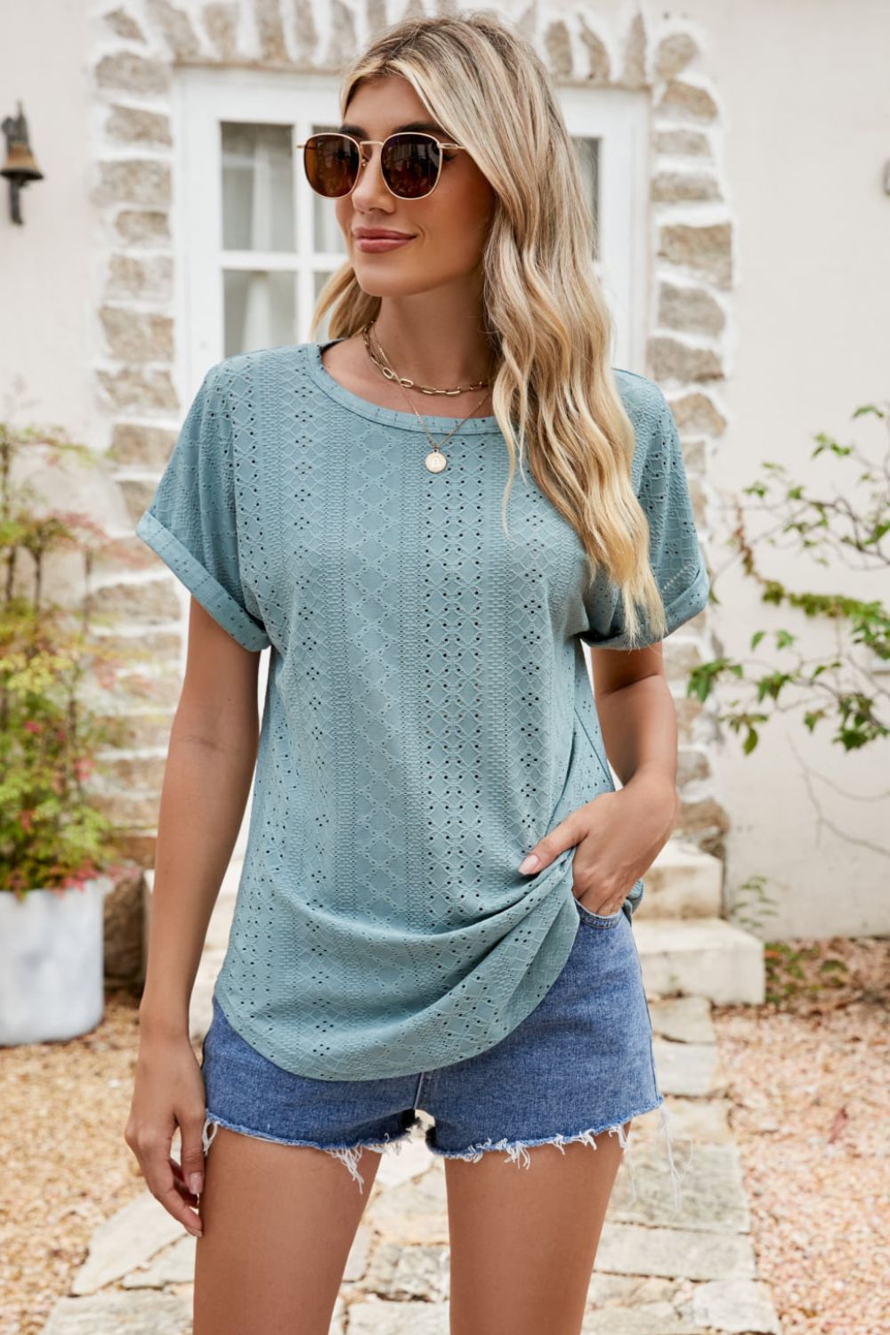 Ready to Manifest Full Size Round Neck Eyelet Short Sleeve Top