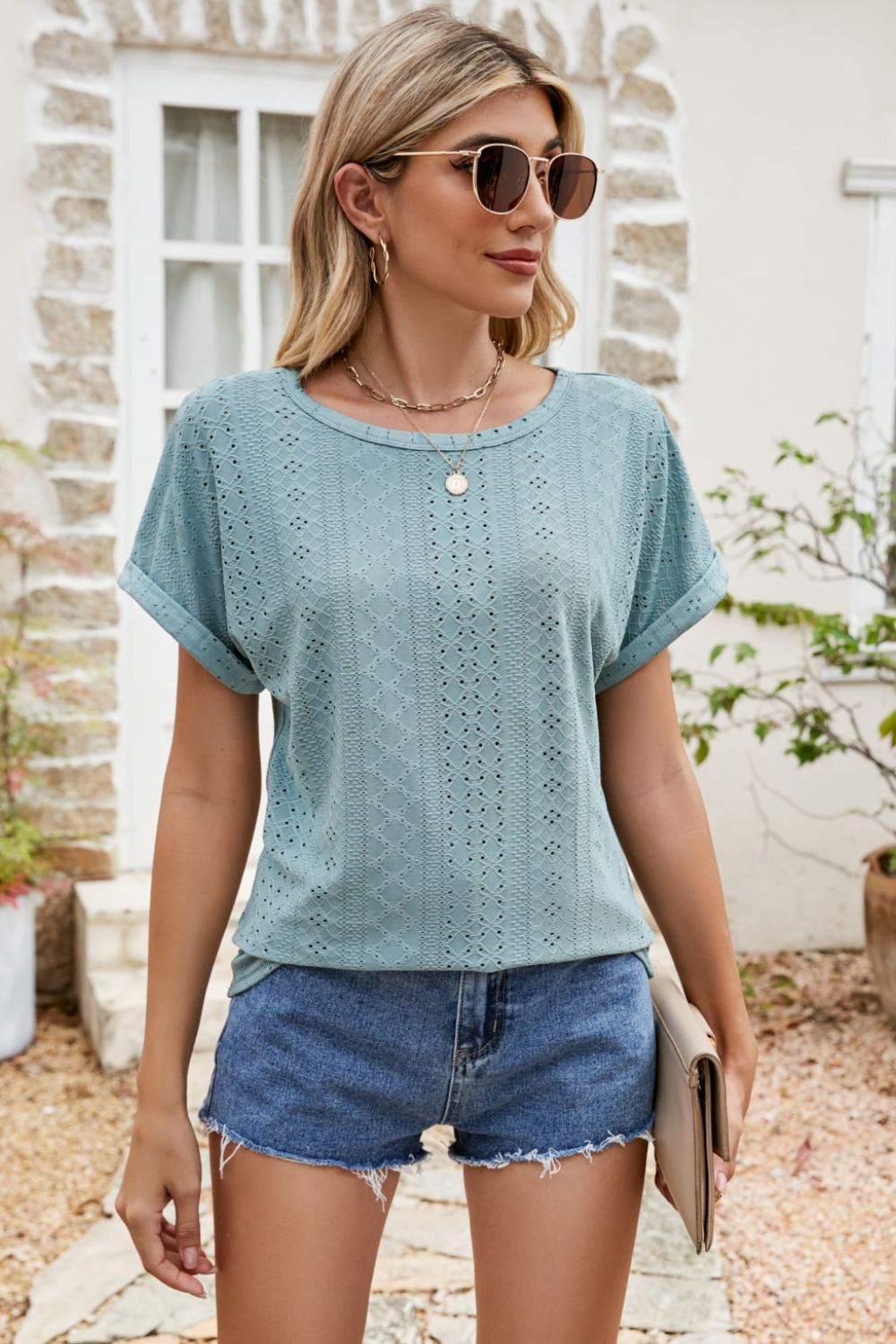 Ready to Manifest Full Size Round Neck Eyelet Short Sleeve Top