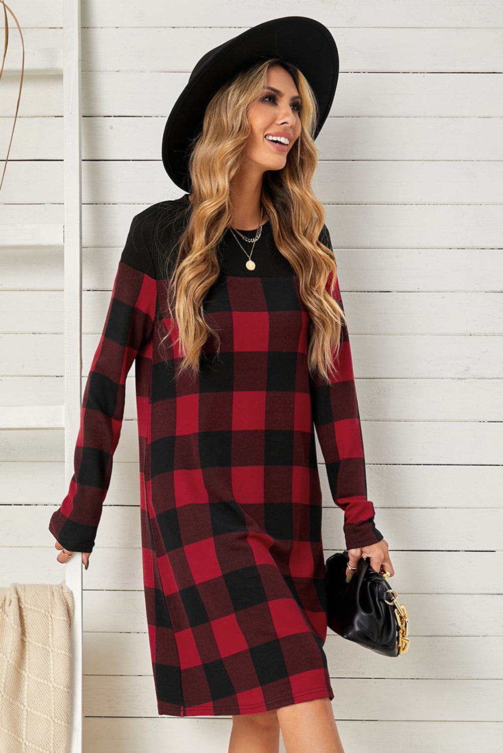 Serve with Wine Plaid Round Neck Long Sleeve Mini Dress