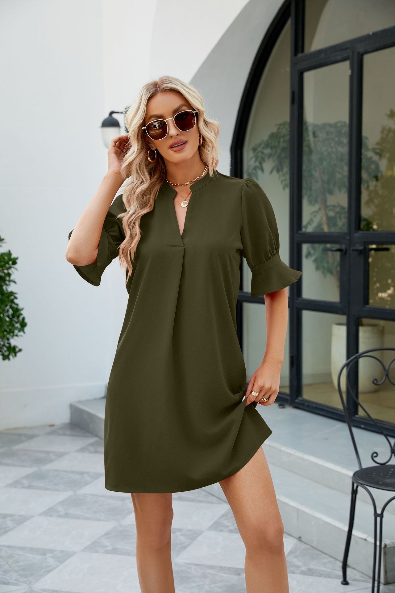 The dress you wish you had Notched Neck Flounce Sleeve Mini Dress