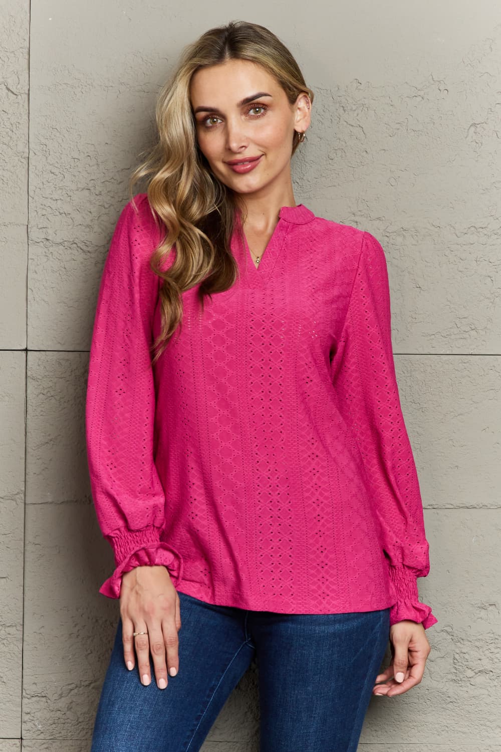 I alwalys look like this Double Take Eyelet Notched Neck Flounce Sleeve Blouse