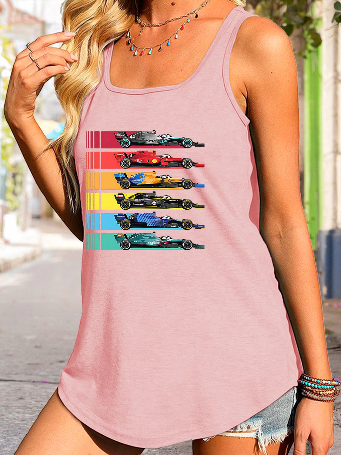 Race Day Scoop Neck Race Car Graphic Tank Top