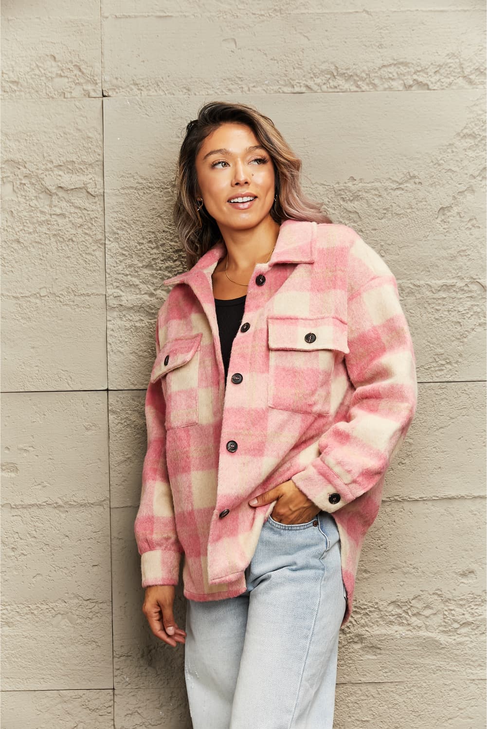 Pink Pumpkin time Plaid Collared Neck Button Down Jacket