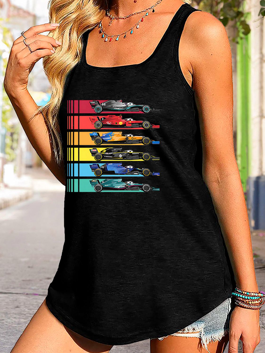 Race Day Scoop Neck Race Car Graphic Tank Top