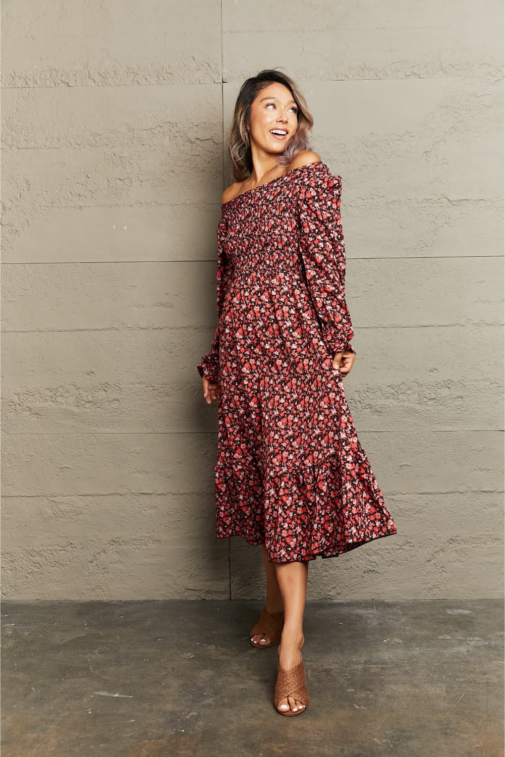 Not even trying Off-Shoulder Long Sleeve Midi Dress