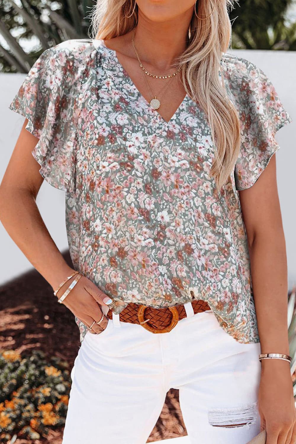 I'm ready for anything Floral V-Neck Flutter Sleeve Blouse