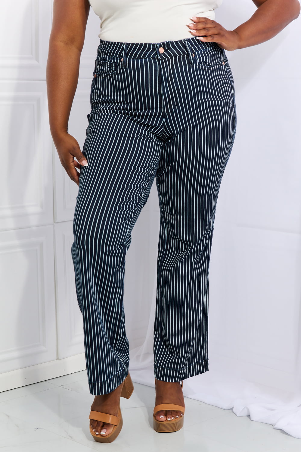 Tell Your friends (or NOT)Judy Blue Cassidy Full Size High Waisted Tummy Control Striped Straight Jeans