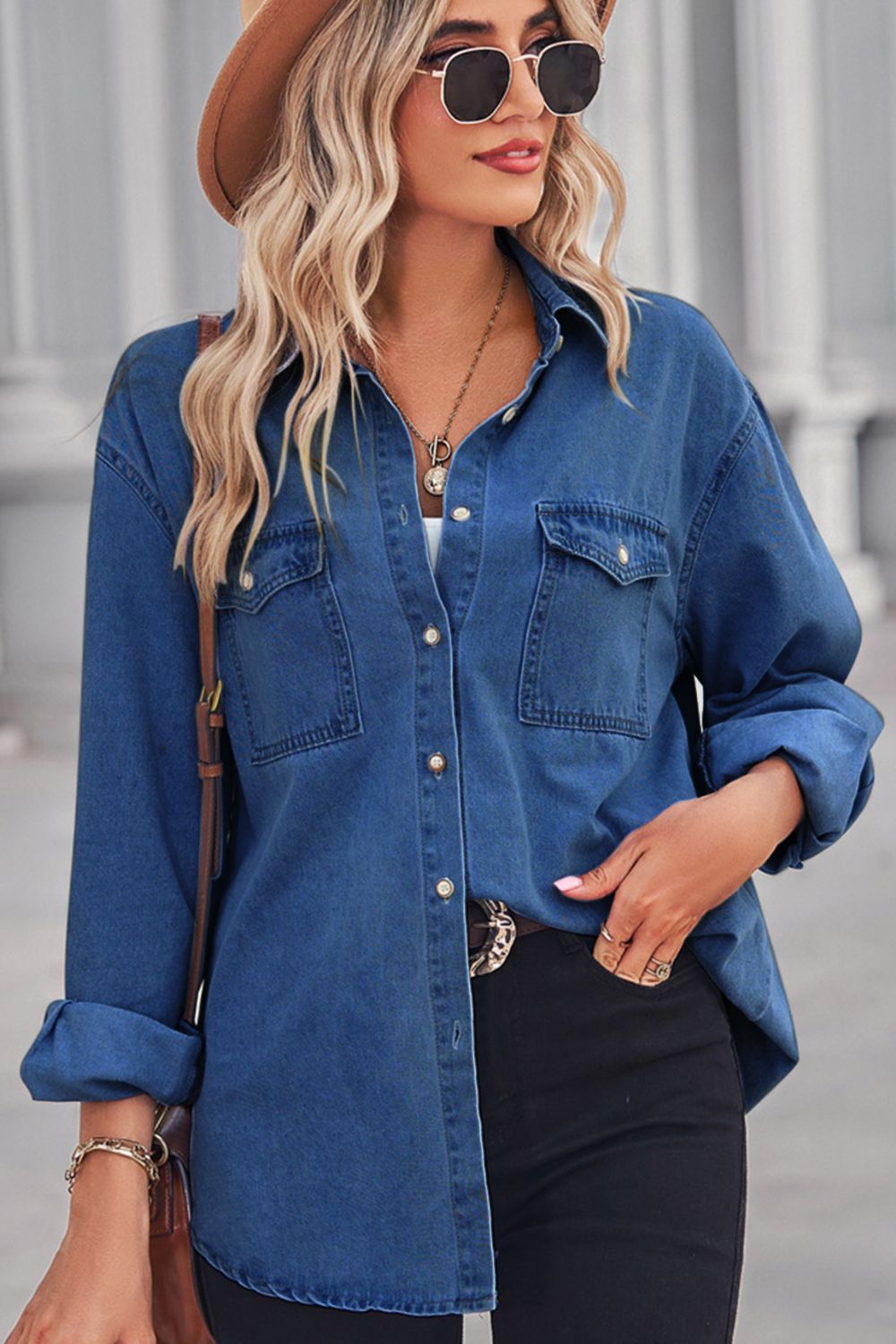 My EVERYTHING Collared Neck Dropped Shoulder Denim Top