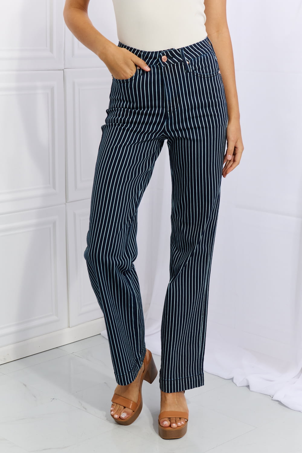 Tell Your friends (or NOT)Judy Blue Cassidy Full Size High Waisted Tummy Control Striped Straight Jeans