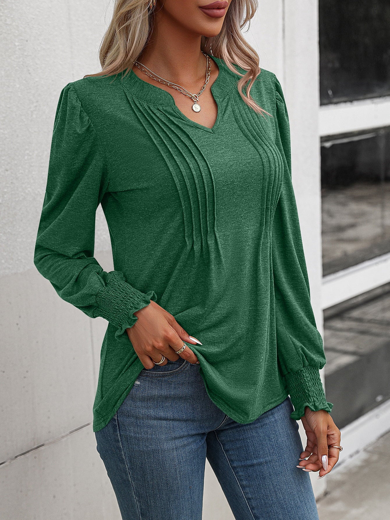 Who wants to buy Mums? Ruched Notched Neck Puff Sleeve Smocked Wrist Blouse