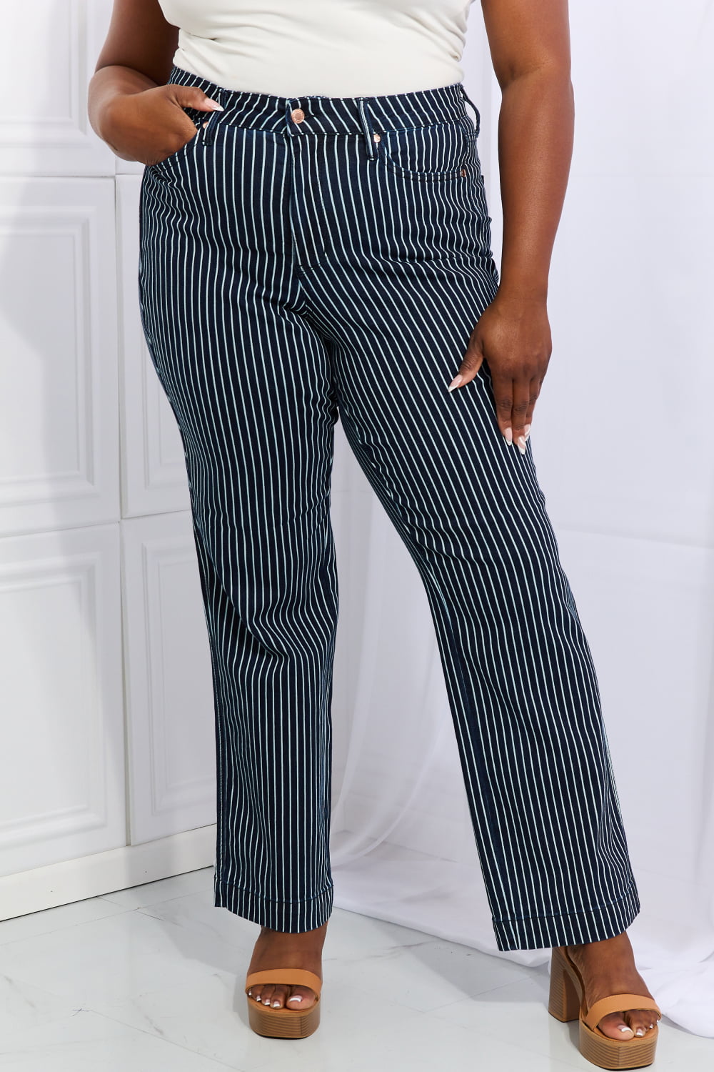 Tell Your friends (or NOT)Judy Blue Cassidy Full Size High Waisted Tummy Control Striped Straight Jeans