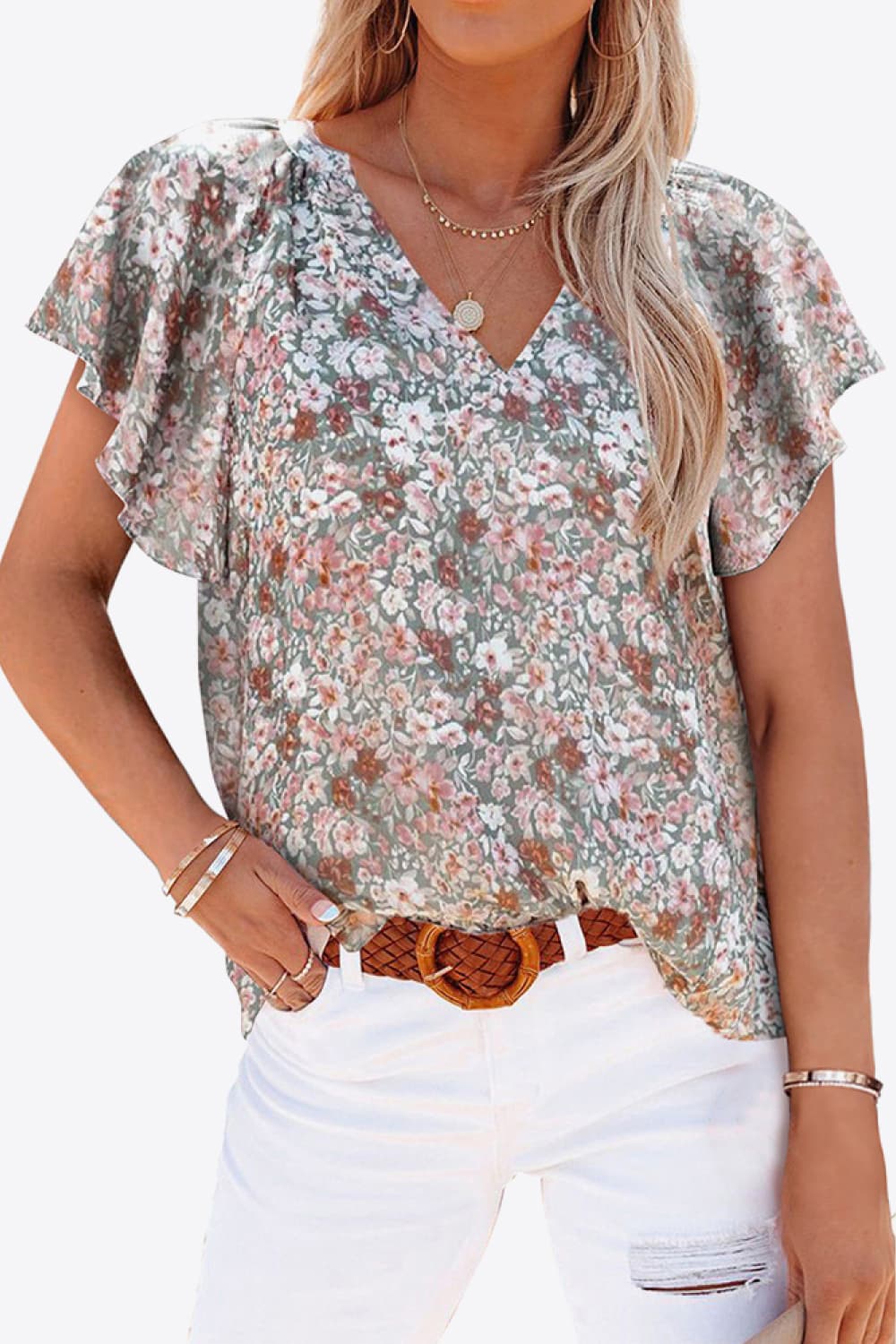 I'm ready for anything Floral V-Neck Flutter Sleeve Blouse