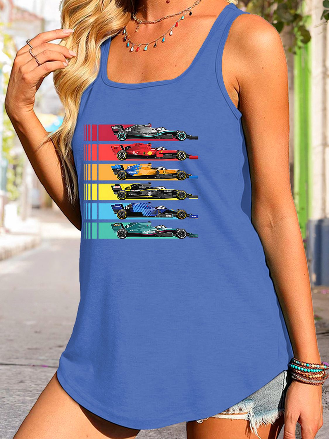 Race Day Scoop Neck Race Car Graphic Tank Top