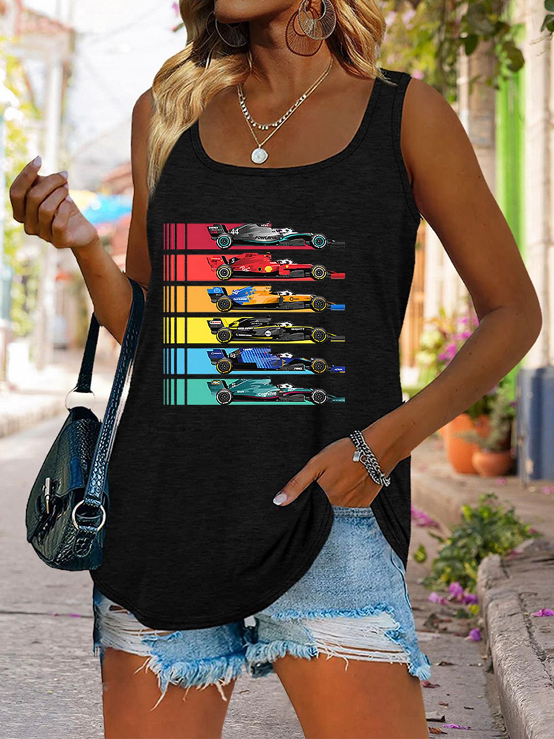 Race Day Scoop Neck Race Car Graphic Tank Top