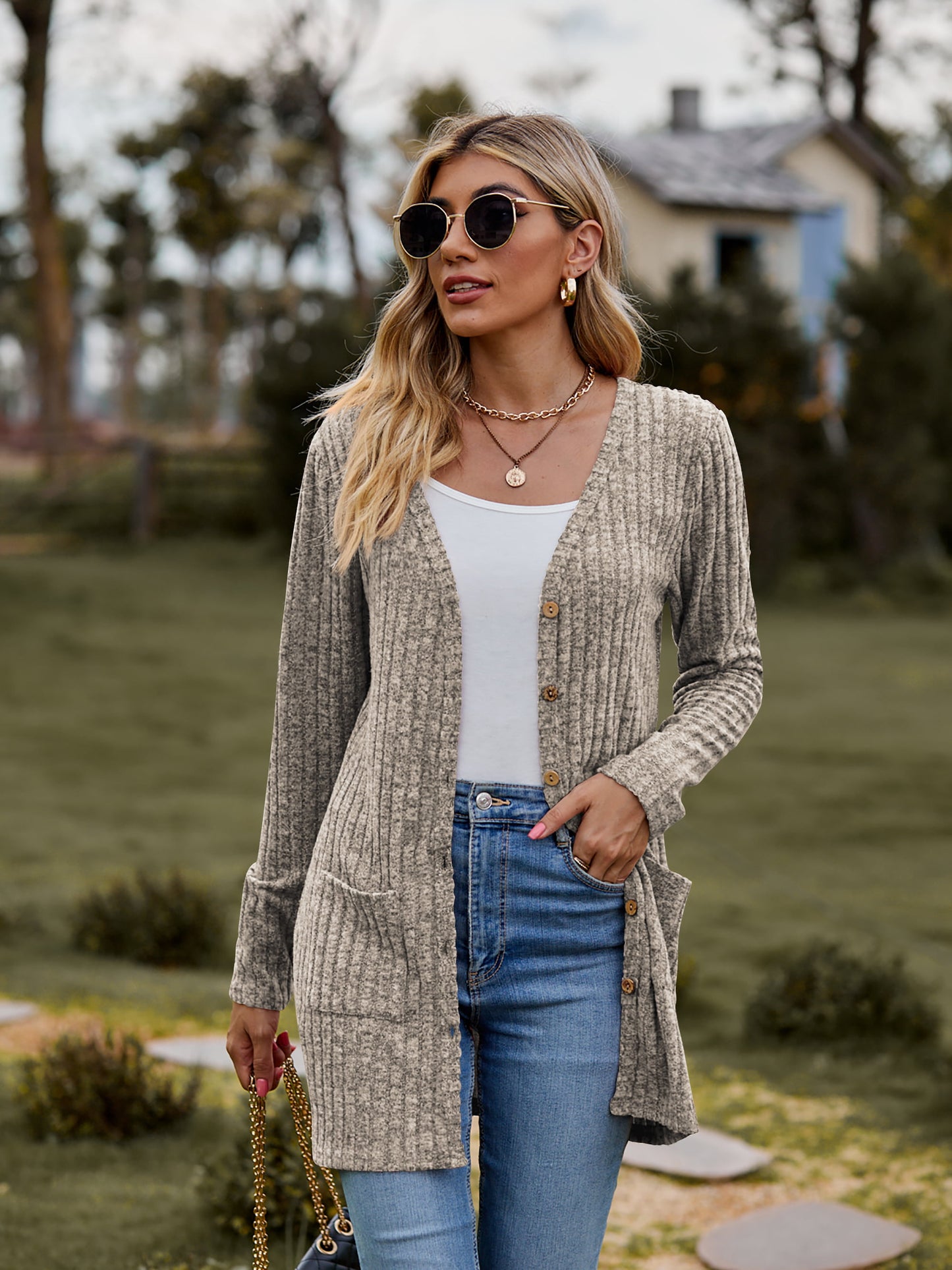 Take your sweater with you Ribbed Button-UP Cardigan with Pockets