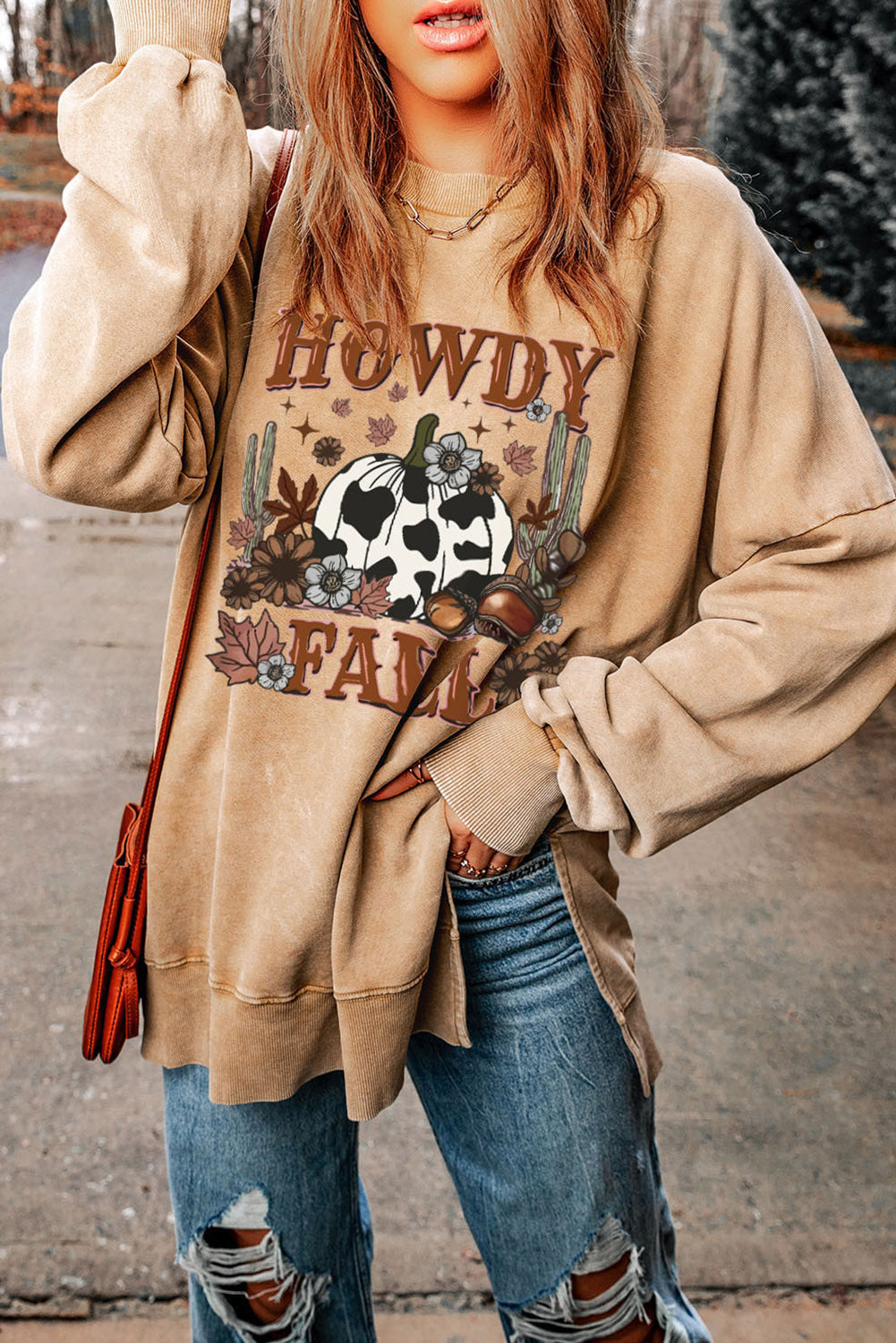 A Jersey Howdy Round Neck Dropped Shoulder HOWDY FALL Graphic Sweatshirt