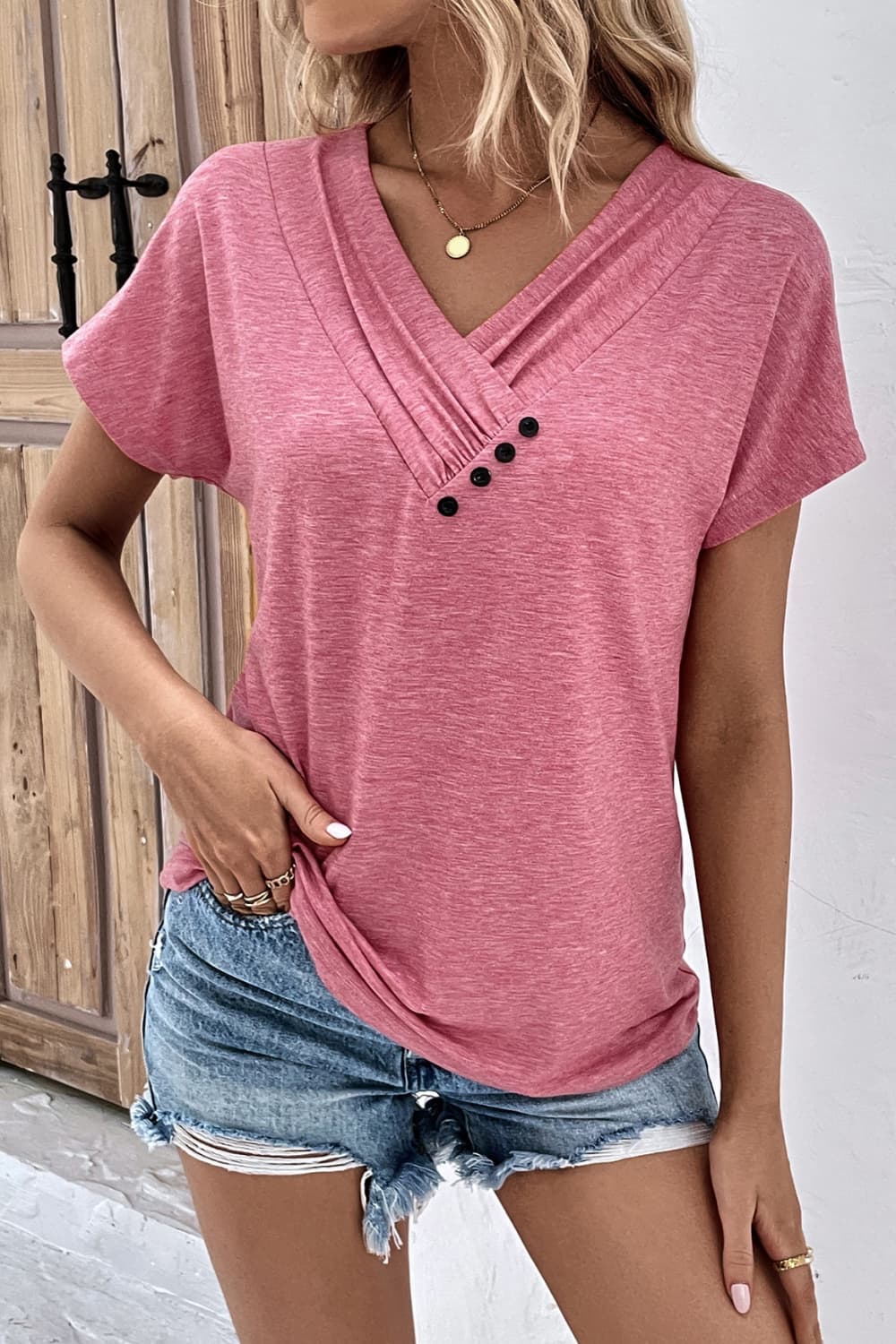 Favorite Every Day  Button V-Neck Short Sleeve Tee