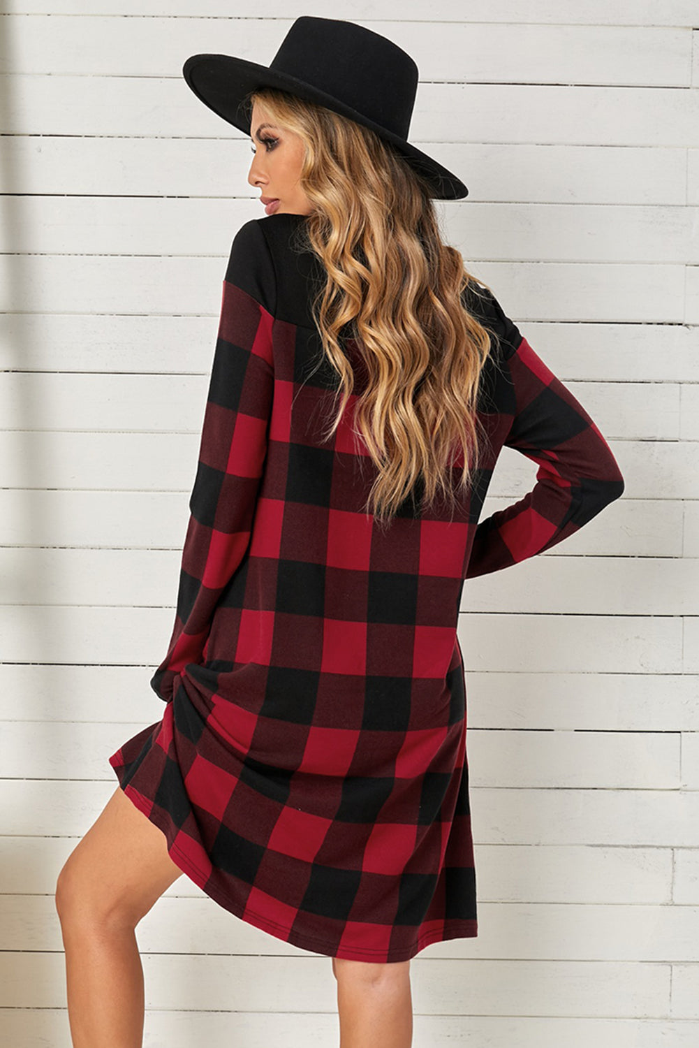 Serve with Wine Plaid Round Neck Long Sleeve Mini Dress