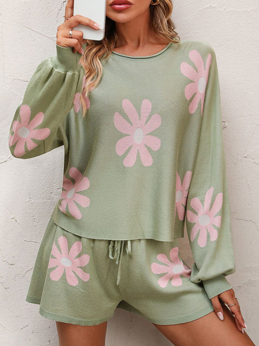 I didn't want to go Floral Print Raglan Sleeve Knit Top and Tie Front Sweater Shorts Set