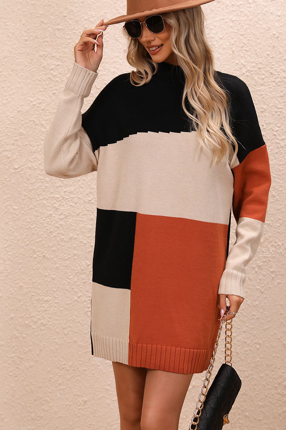 Take Me to Your Weekend Color Block Mock Neck Dropped Shoulder Sweater Dress