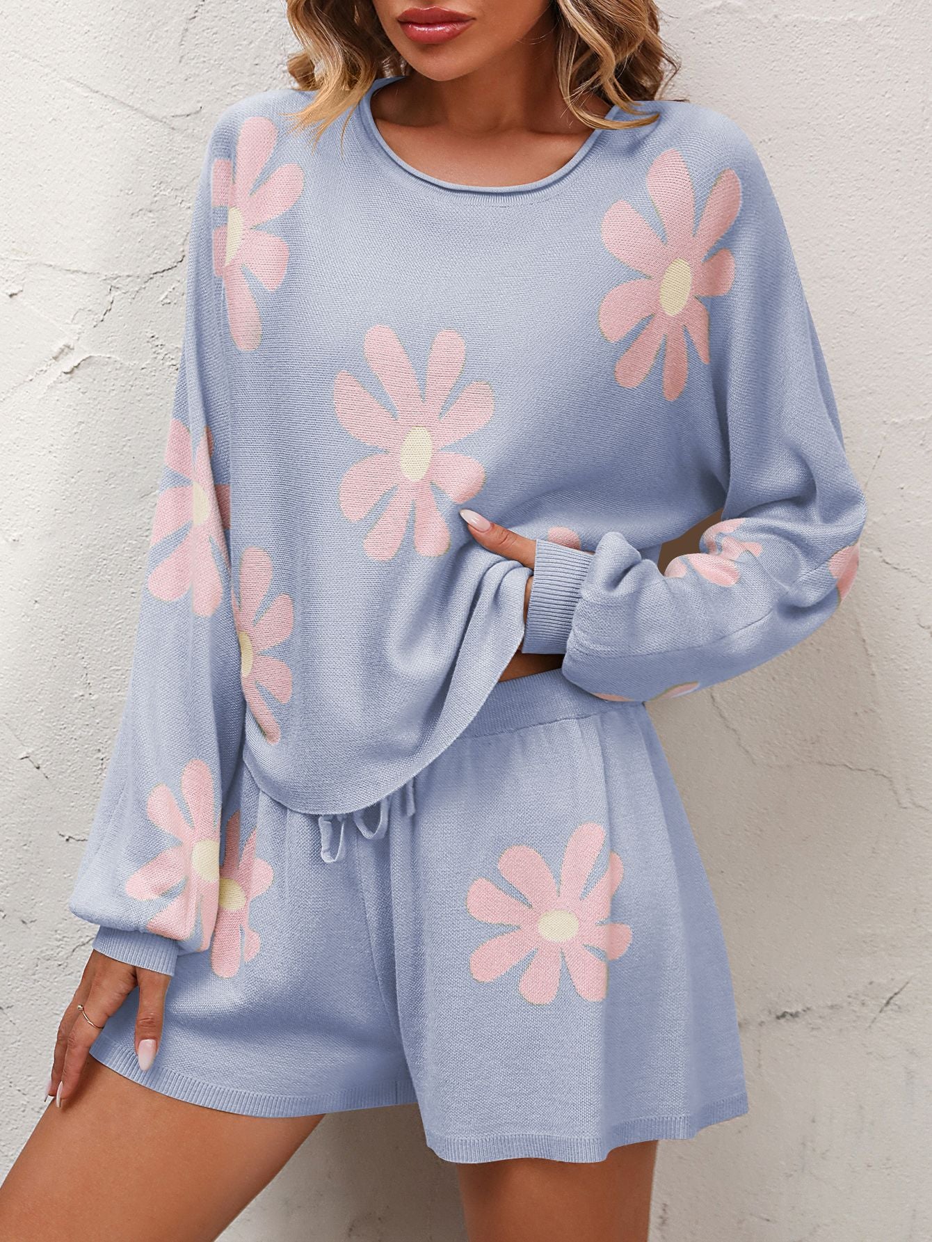 I didn't want to go Floral Print Raglan Sleeve Knit Top and Tie Front Sweater Shorts Set