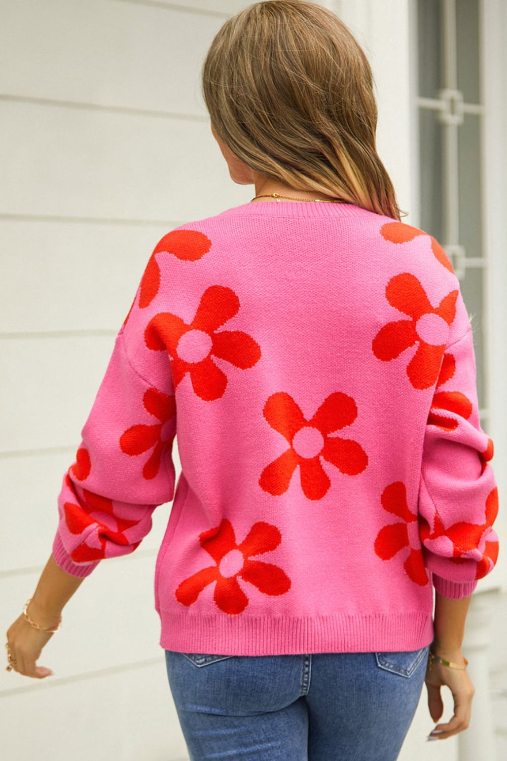 I can buy my own flowers Floral Print Round Neck Dropped Shoulder Pullover Sweater