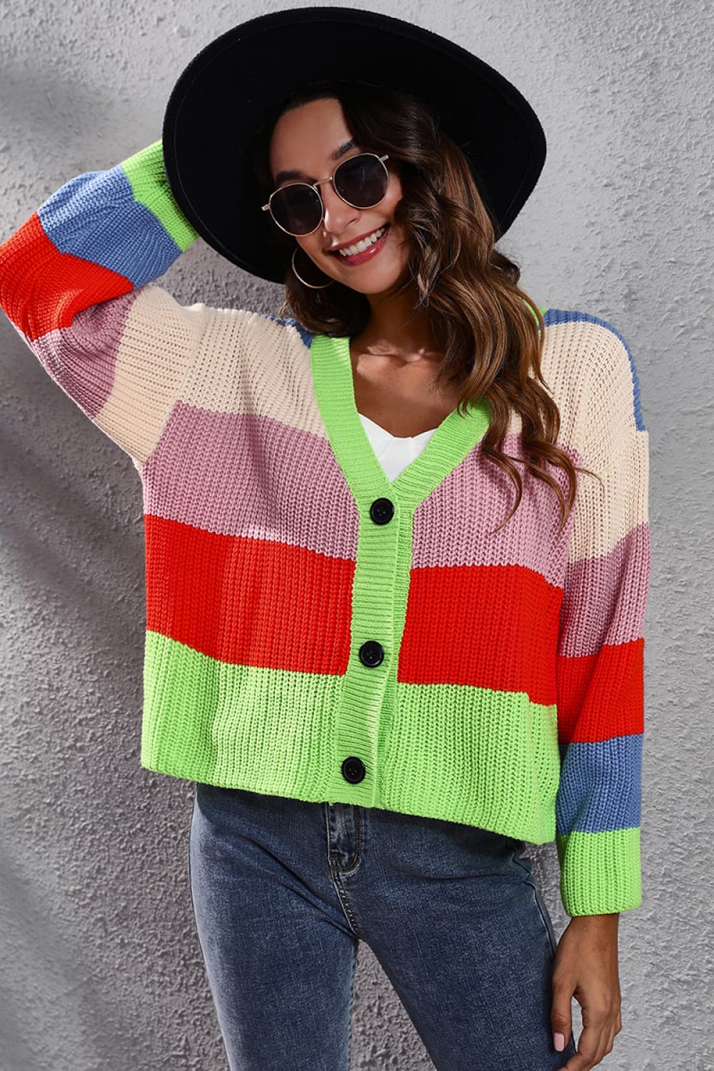 Hello Weekend Color Block Button-Down Dropped Shoulder Cardigan