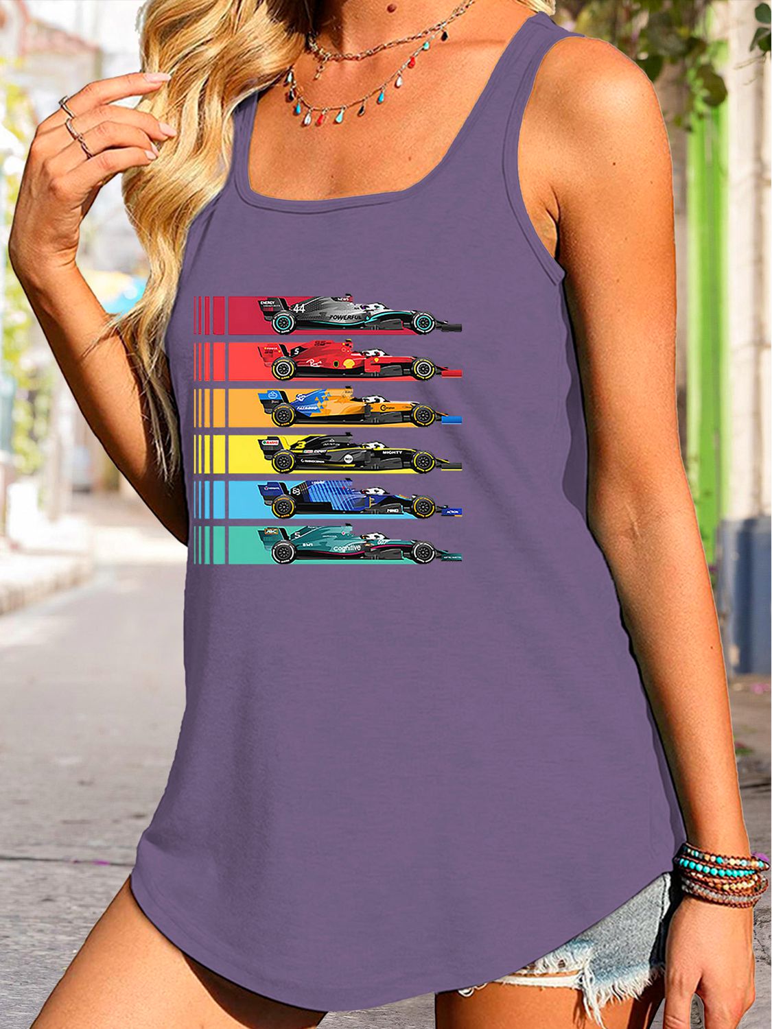 Race Day Scoop Neck Race Car Graphic Tank Top