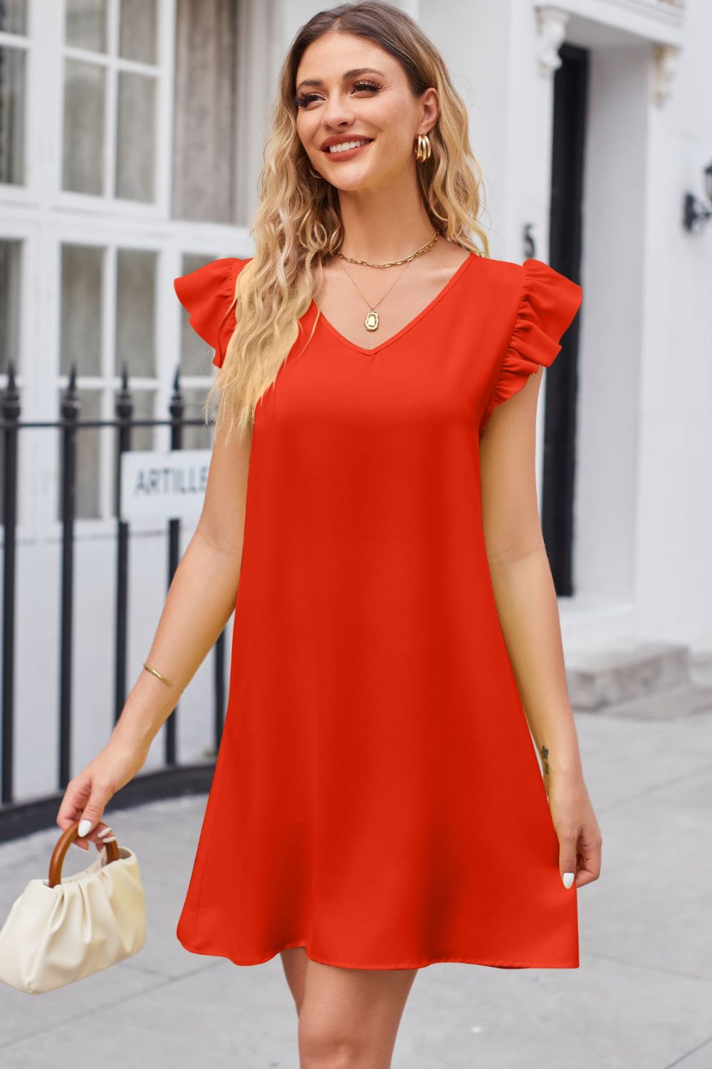 A dress is always in style Ruffled V-Neck Flutter Sleeve Dress