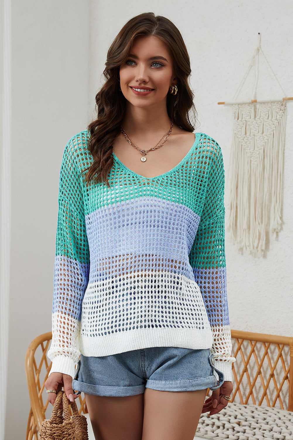 Ready for it all Openwork V-Neck Dropped Shoulder Blouse