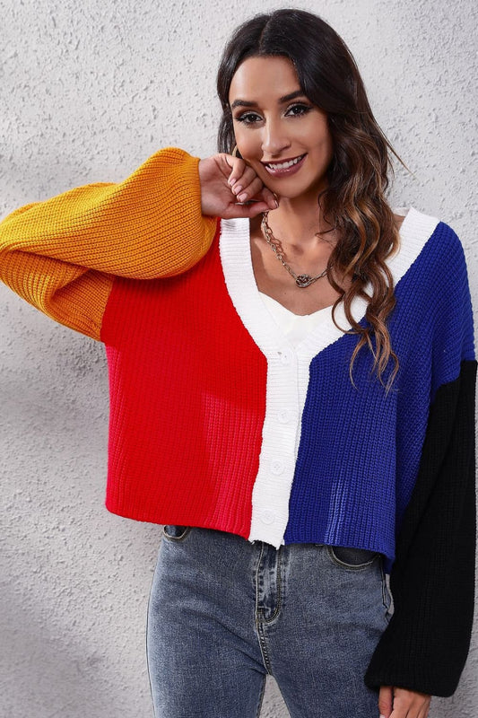 Color Me Beautiful Color Block Ribbed Long Sleeve Cardigan