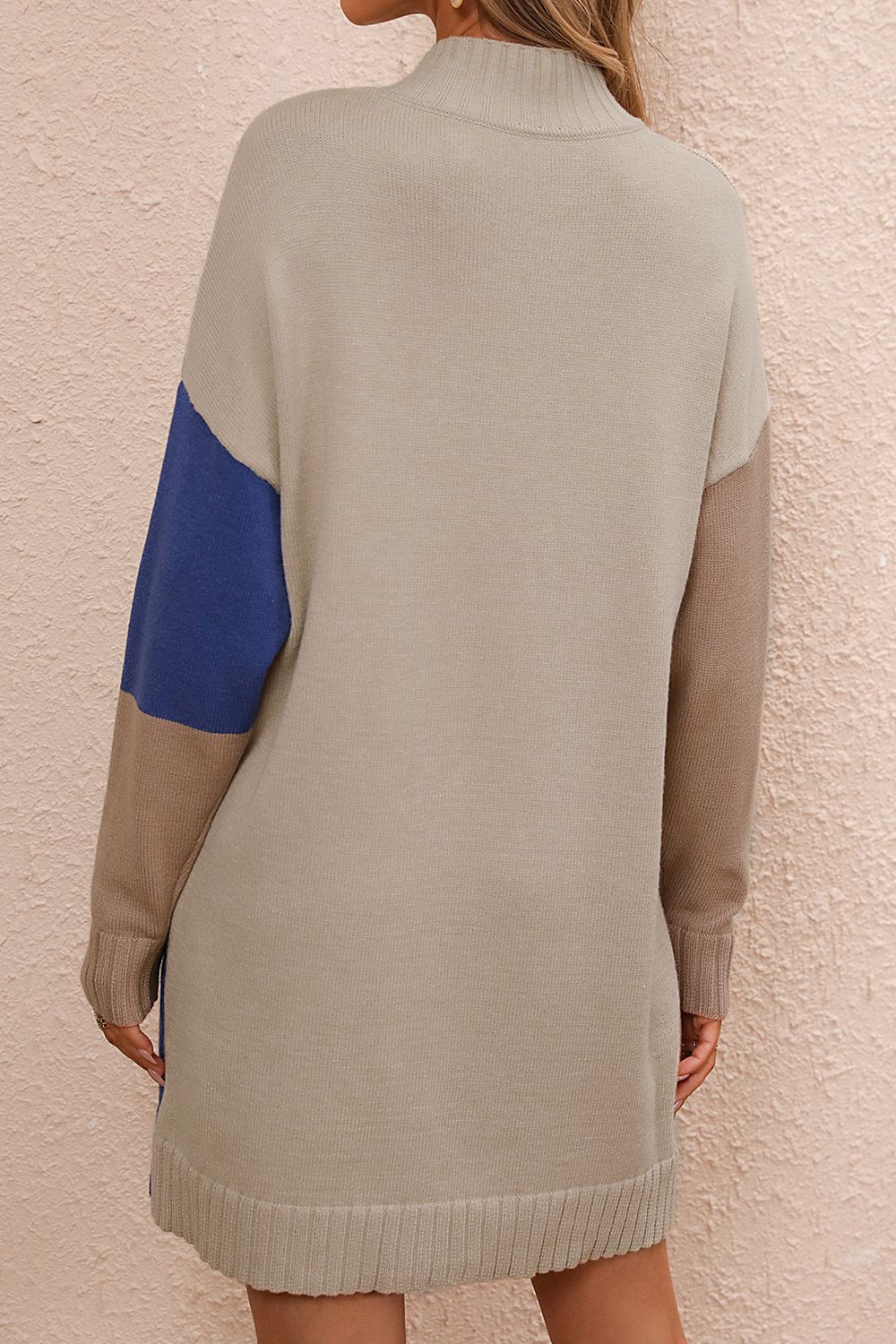 Take Me to Your Weekend Color Block Mock Neck Dropped Shoulder Sweater Dress