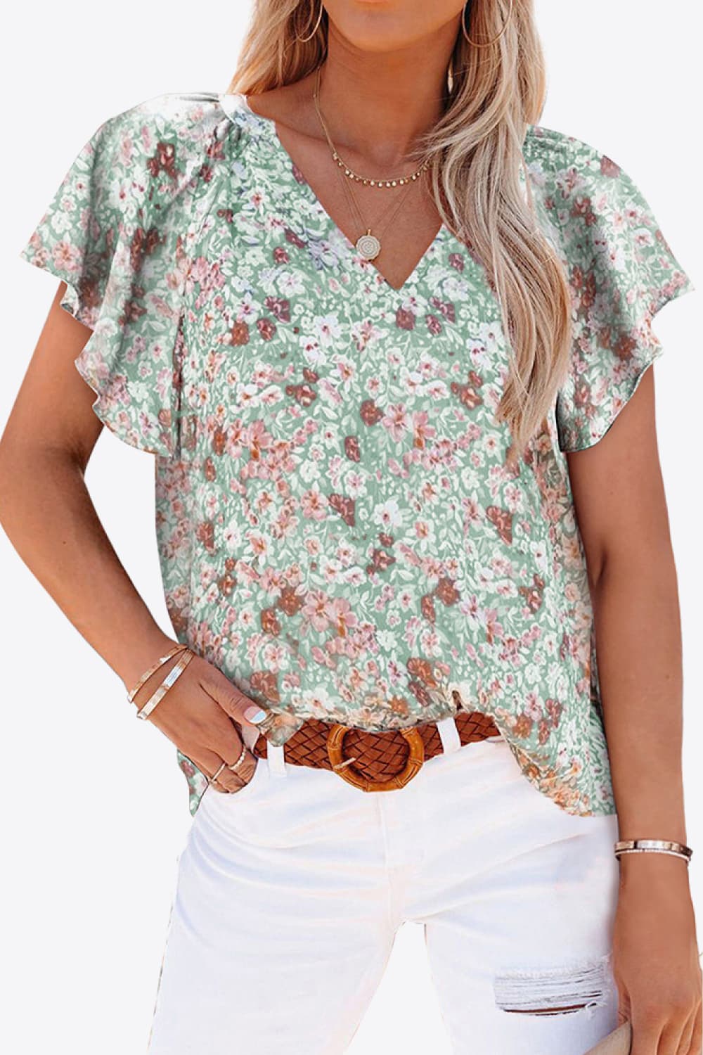 I'm ready for anything Floral V-Neck Flutter Sleeve Blouse